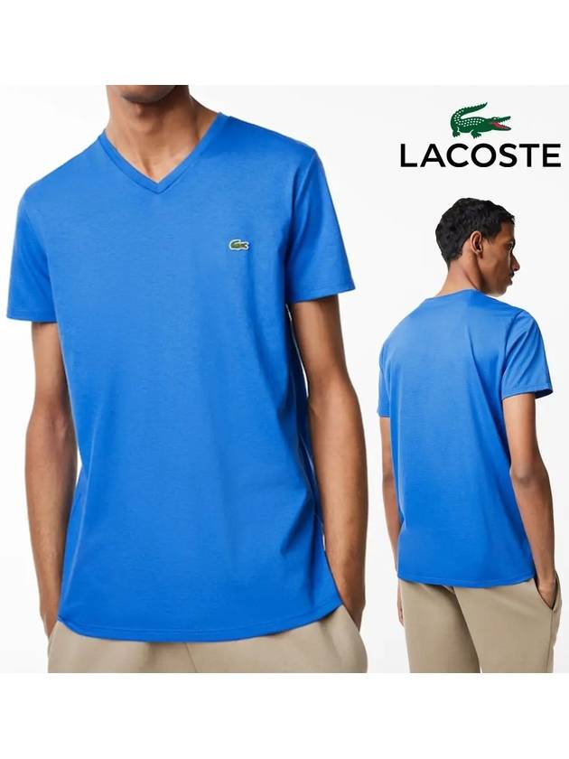 라코스테 피마 브이넥 기본 저지 탑 반팔티셔츠 Blue KXB