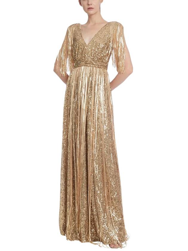 SEQUINED EVENING GOWN WITH FRINGES
