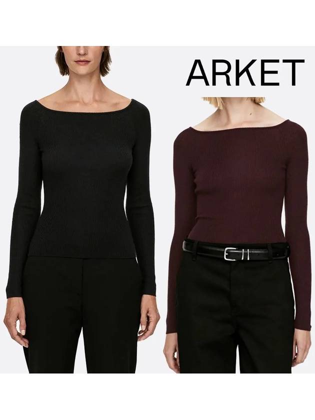 아르켓 맨투맨 여성 오프 숄더 울 혼방 탑 티셔츠 블랙 버건디