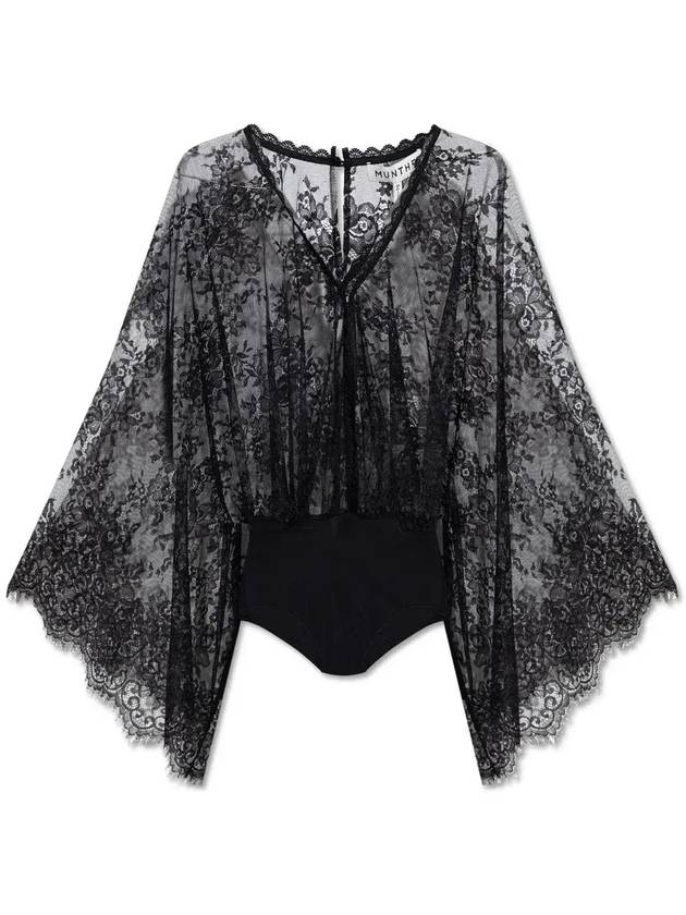 문테 플로럴 레이스 디테일 블라우스 2441000244440_BLACK