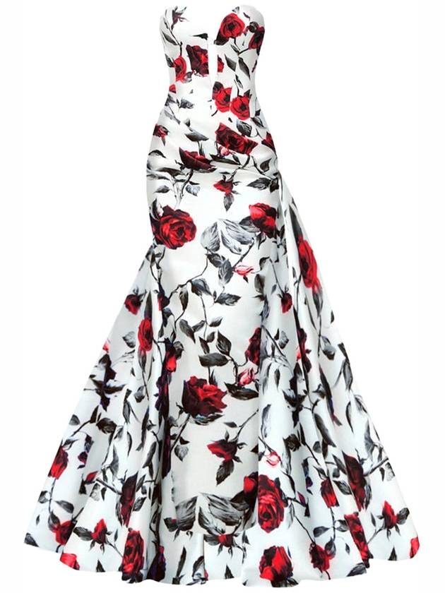 DRAPED PRINTED SATIN MAXI GOWN WITH SIDE TRAIN