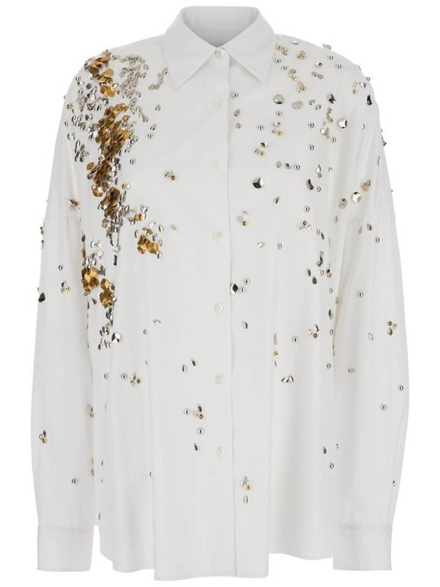 DRIES VAN NOTEN 클래식 칼라와 전면 비즈 장식이 있는 테크 패브릭 여성용 흰색 셔츠 0107591466001