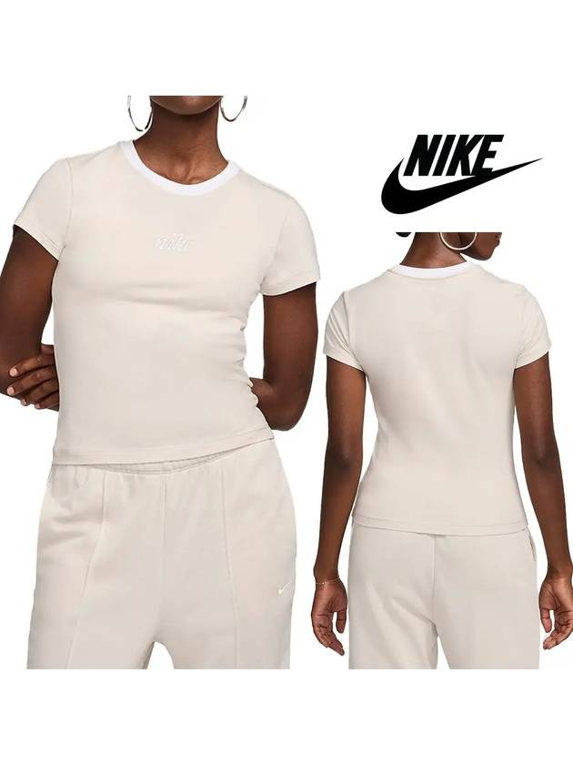 나이키 반팔 여성 칠 니트 슬림 크롭 탑 티셔츠 아이보리