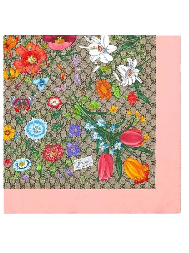 구찌 GG 플로라 프린트 실크 스카프 머플러 핑크