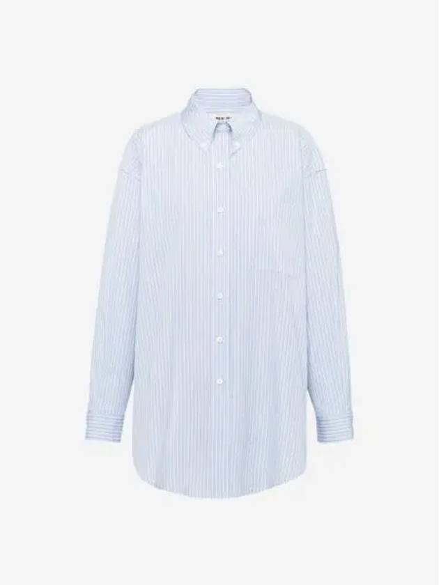 W 미우 미우 로고 장식 스트라이프 샴브레이 셔츠 라이트 블루 W Miu Miu Striped Chambray Shirt with Logo Light Blue