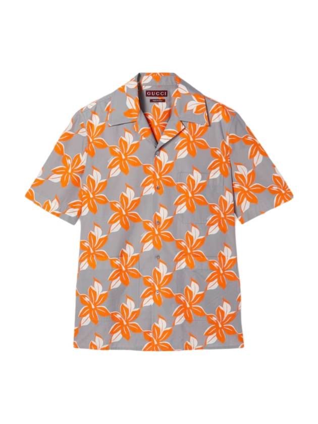 구찌 프린트 코튼 포플린 반팔 셔츠 그레이 오렌지