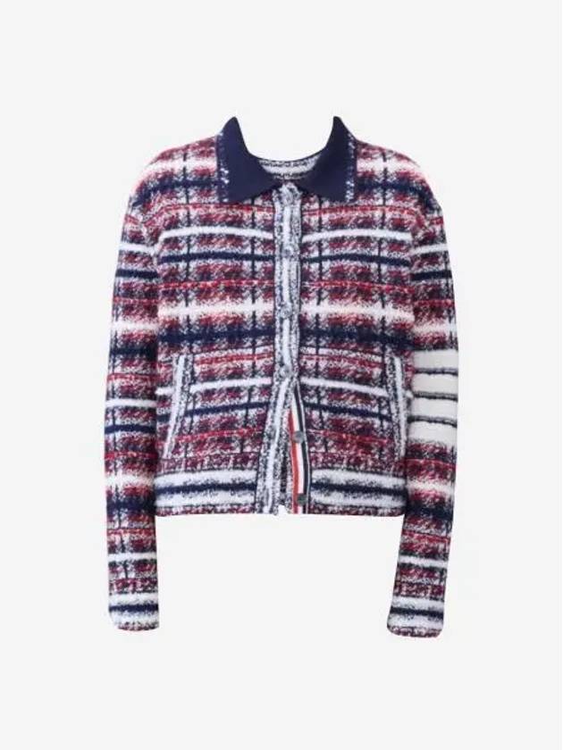 W 톰브라운 메리노 모헤어 사선 폴로 칼라 봄버 자켓 블루 W Thom Browne Merino and Mohair 4 Bar Polo Collar Bomber Jacket Blue