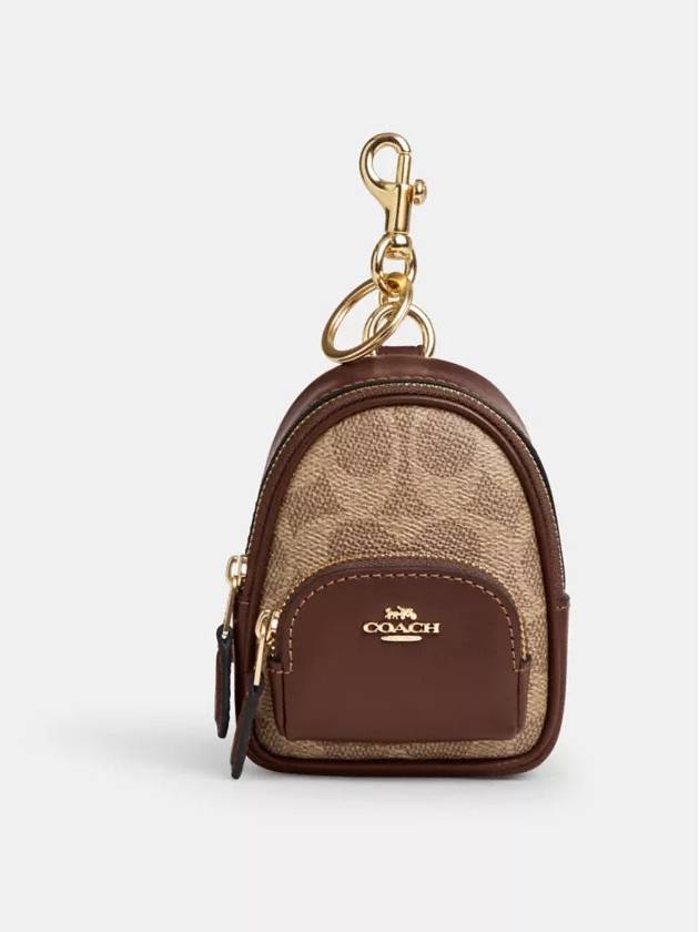 코치 코트 미니 백팩 참 시그니처 캔버스 키홀더 키링 Gold Tan Brown