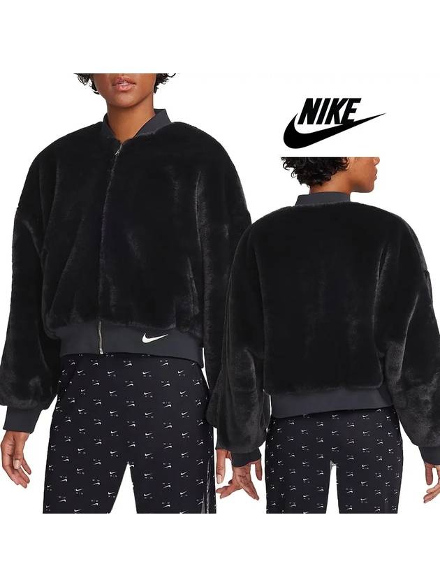 나이키 바람막이 여성 양면 인조 털 모피 탑 봄버 재킷 블랙 심플 베이직