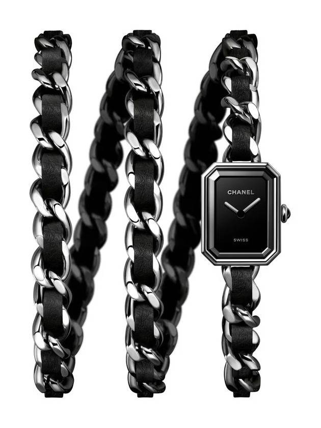 샤넬 프리미에르 아이코닉 체인 워치스틸과 블랙 가죽 블랙 다이얼 H7023