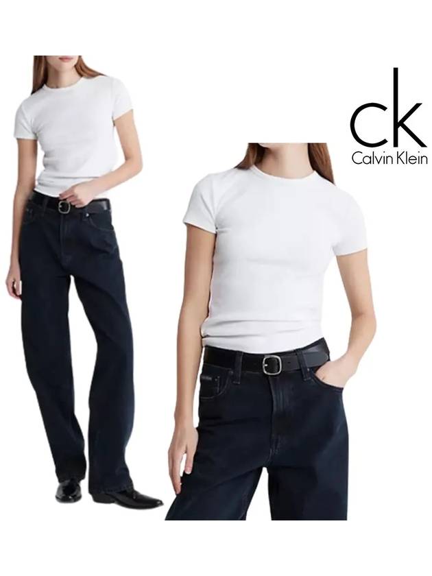 캘빈클라인 여성 컨투어 리브 슬림핏 탑 반팔티셔츠 화이트