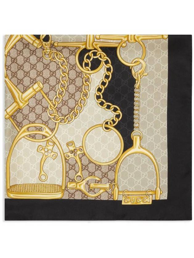 구찌 GG 홀스빗 프린트 실크 스카프 블랙 베이지