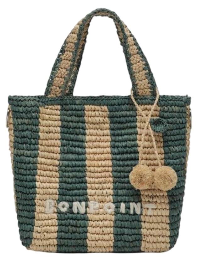 봉쁘앙 키즈 카바스 스트라이프 라피아 토트 백 그린