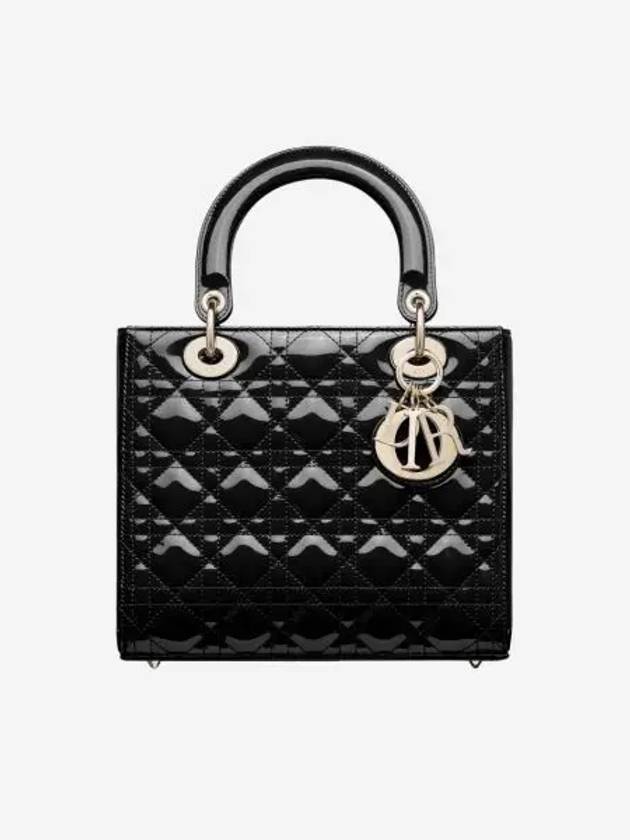 디올 미디움 레이디백 페이턴트 까나쥬 카프스킨 블랙 페일 골드 Dior Medium Lady Bag Patent Cannage Calfskin Black Pale Gold