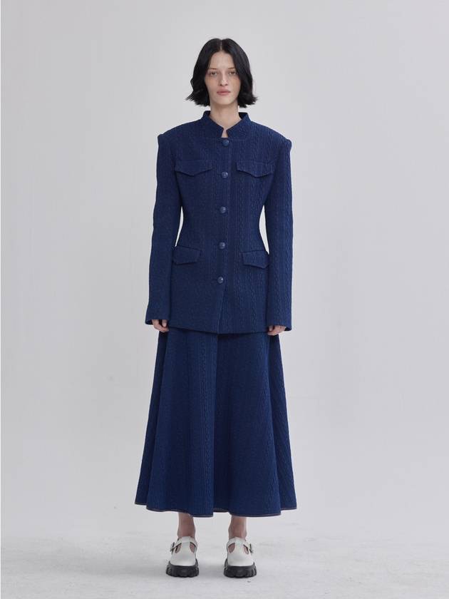 라이 퀼팅 디테일 와이드 숄더 자켓 네이비