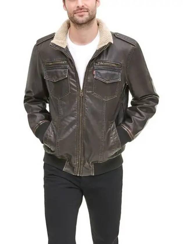 리바이스 맨즈 셰르파 쉐르파 라인 인조가죽 레더 에비에이터 봄버 패딩 다크 브라운 7033967