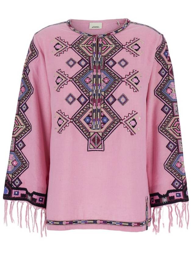 ISABEL MARANT Zelda Pink Blouse with Fringed Cuffs and All Over Beaded Embroidery in Silk Woman HT0668FAC2J09I40AK