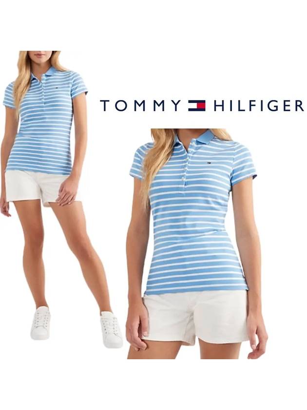 타미힐피거 여성 슬림핏 스트라이프 폴로 카라 탑 반팔티셔츠 스카이블루