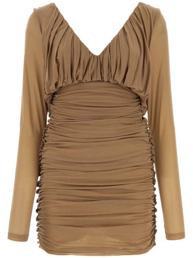 생로랑 V넥 드레이프 숏 원피스 베이지