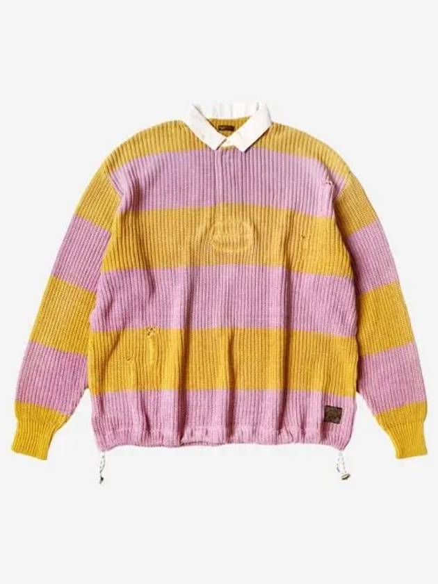 캐피탈 5지 코튼 니트 럭비 셔츠 옐로우 핑크 Kapital 5G Cotton Knit Rugby Shirt Yellow Pink