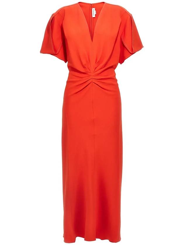 빅토리아 베컴 개더드 V넥 미디 드레스 1125WDR005195B_TOMATO