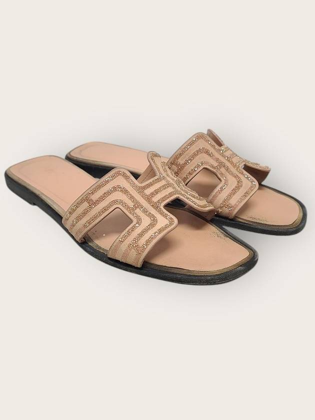 에르메스 베이지 스웨이드 고트스킨 글리터 오란 샌들 슬리퍼 37