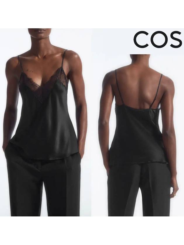 코스 레이스 트리밍 실크 캡 탑 나시 티셔츠 블랙