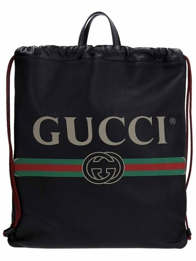 구찌 로고 프린트 레더 드로우스트링 백팩 블랙