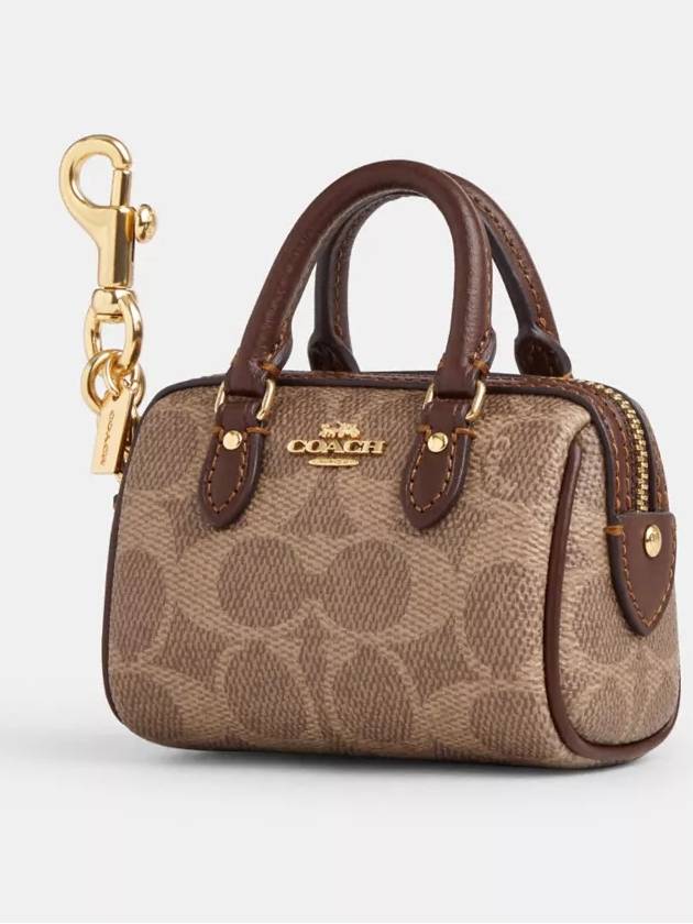 코치 미니 로완 백 참 시그니쳐 캔버스 키홀더 키링 Gold Tan Brown