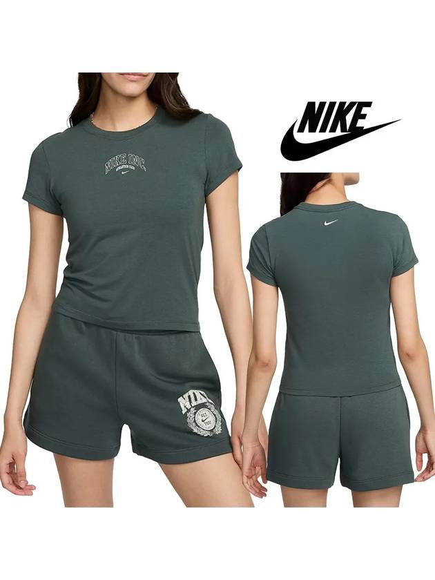 나이키 반팔 여성 칠 INC 크롭 니트 탑 티셔츠 카키