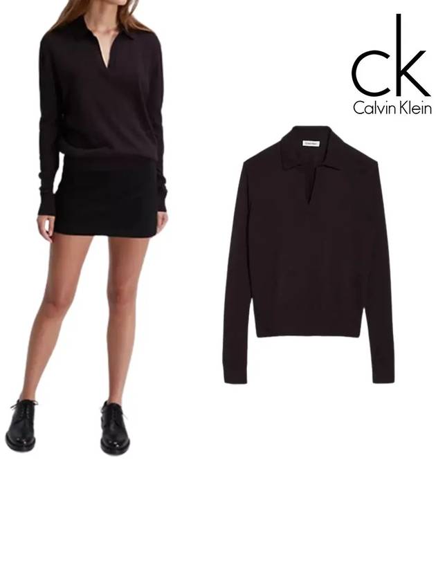 캘빈클라인 맨투맨 여성 파인 메리노 탑 긴팔 스웨터 다크브라운