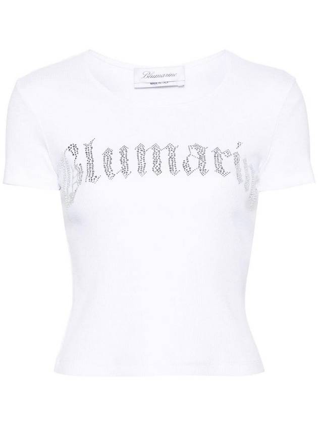Blumarine Logo Ribbed Cotton Cropped T-Shirt