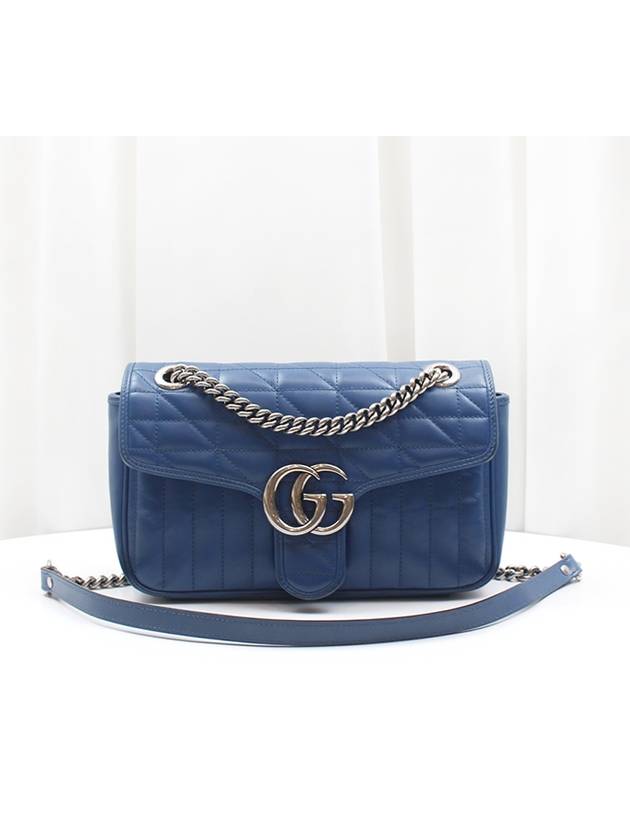 구찌 GG 마몬트 마틀라세 스몰 은장 체인 플랩 숄더백 블루 443497