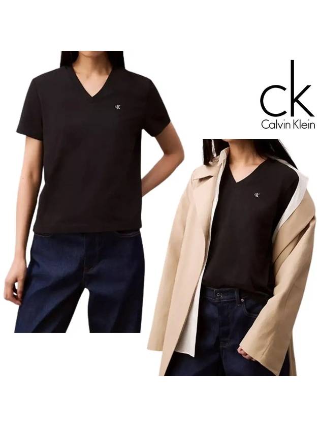 캘빈클라인 반팔 여성 스몰로고 브이넥 탑 티셔츠 블랙