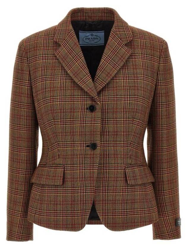프라다 체크 싱글 브레스티드 블레이저 브라운