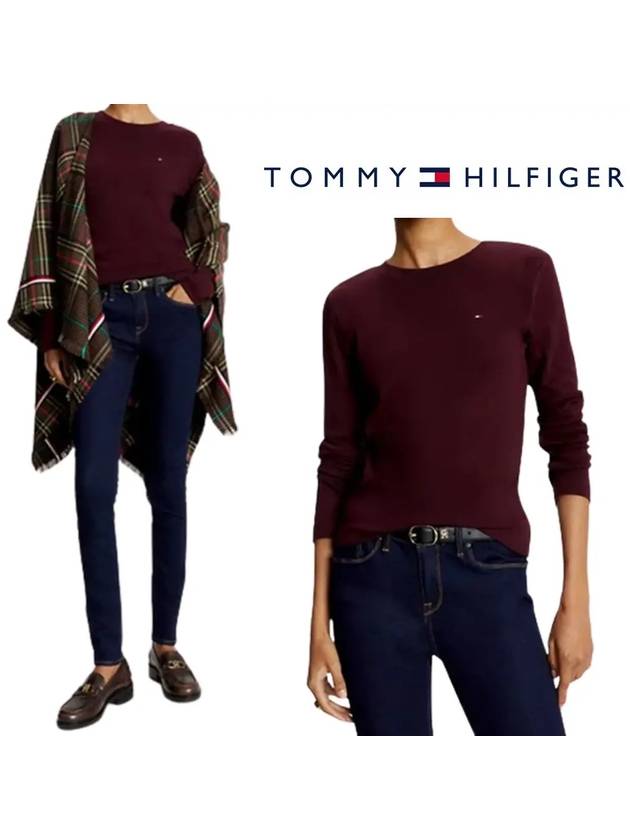 타미힐피거 여성 페이버릿 로고 슬림핏 탑 긴팔티셔츠 버건디