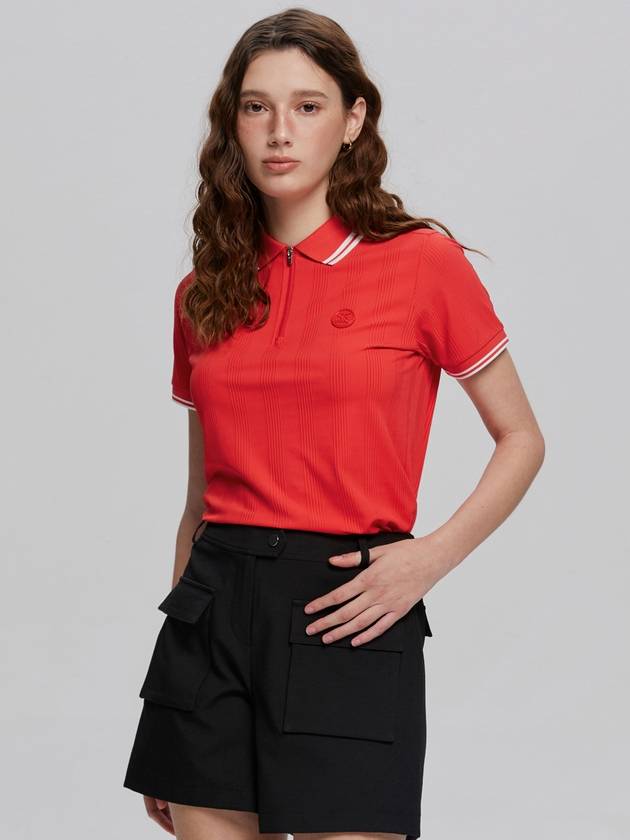 여성 골지 반팔 카라 하프 집업 티셔츠 RED