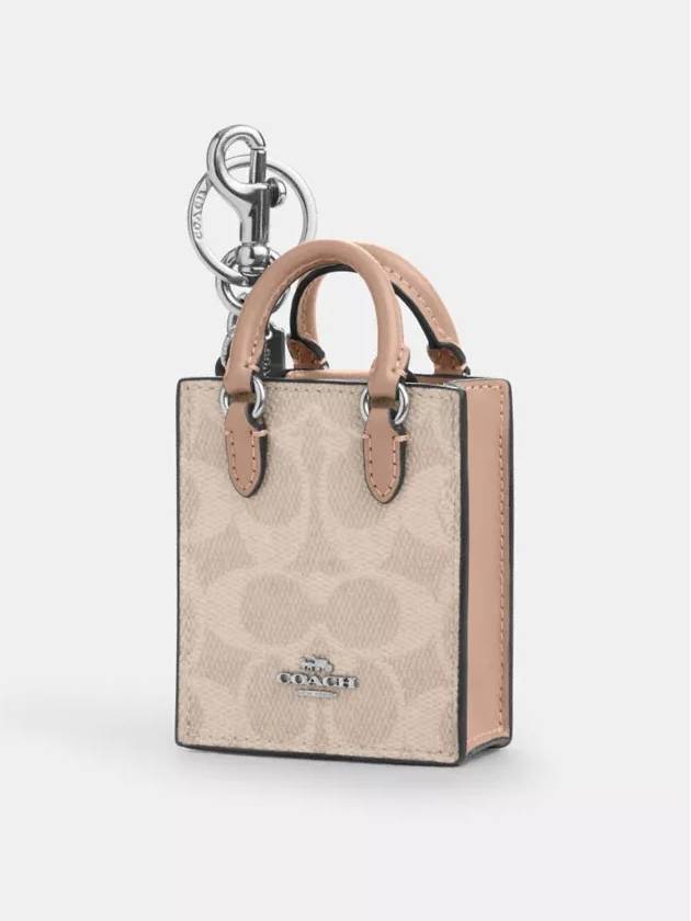코치 노스 사우스 미니 토트백 참 시그니처 캔버스 키홀더 키링 Silver Sand Taupe