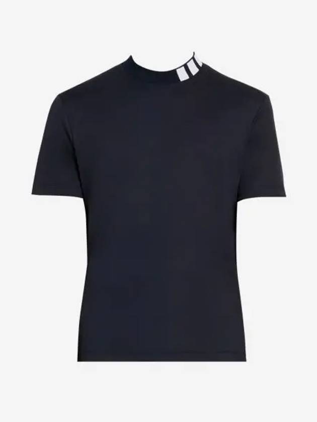 톰브라운 인터락 모크넥 숏슬리브 사선 인타르시아 티셔츠 네이비 Thom Browne Interlock Mock Neck Short Sleeve 4 Bar Intarsia T Shirt Navy