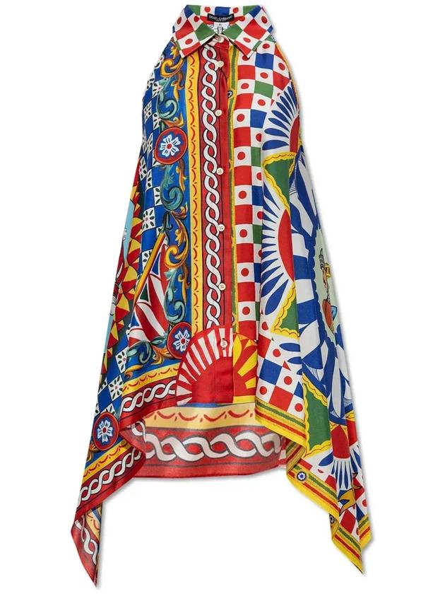 Dolce & Gabbana Carretto 프린트 트윌 비대칭 밑단 탑 F5N34TGDS12_HH01E