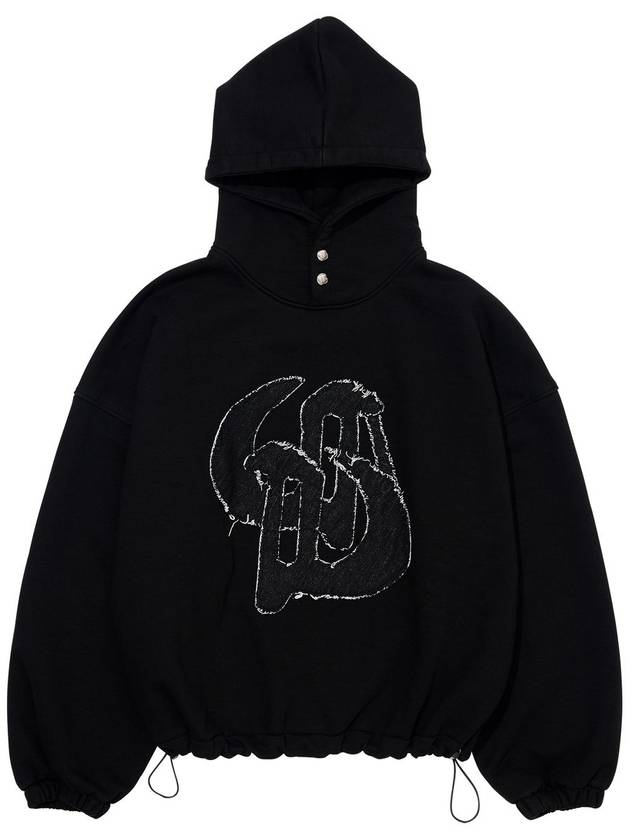 WASHED DENIM APPLIQUE SHORT HOODIE_BLACK
