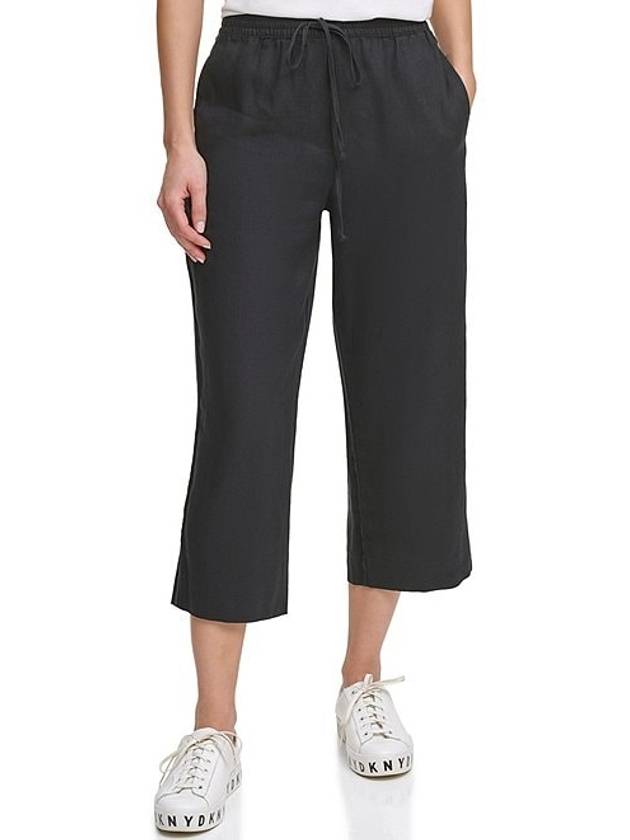 와이드 레그 드로스트링 우븐 리넨 혼방 코디 포켓 팬츠 블랙 wide leg drawstring woven linen blend coordinating pocketed pants Black
