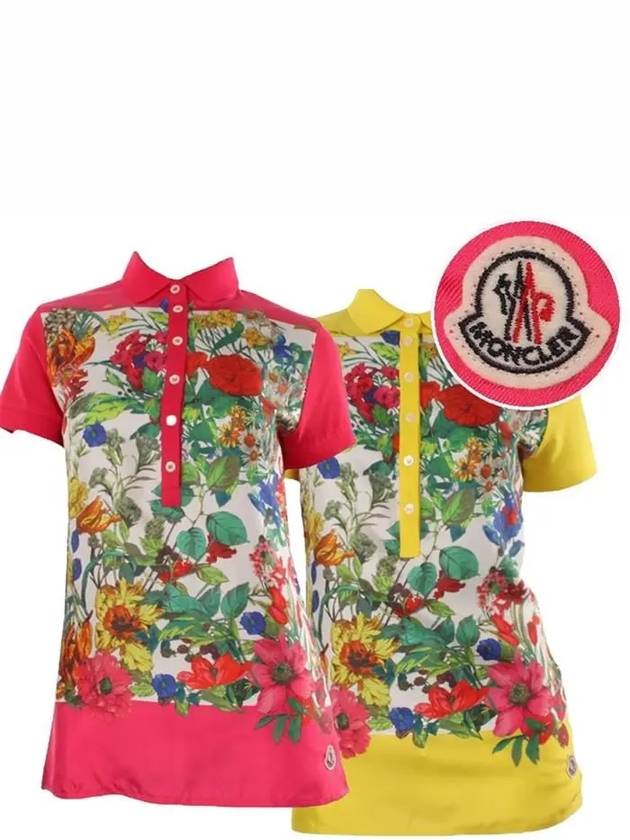 몽클레르 여성 로고 패치 플로랄 실크 반팔 카라넥 PK 폴로 티셔츠