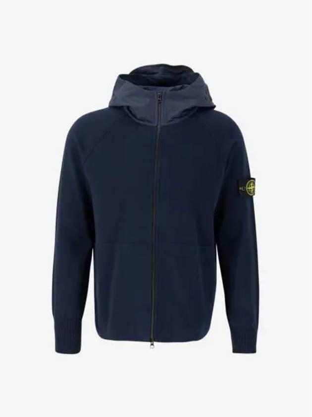 스톤 아일랜드 547B2 소프트 코튼 후드 니트 가디건 네이비 블루 23SS Stone Island 547B2 Soft Cotton Hooded Knit Cardigan Navy Blue 23SS