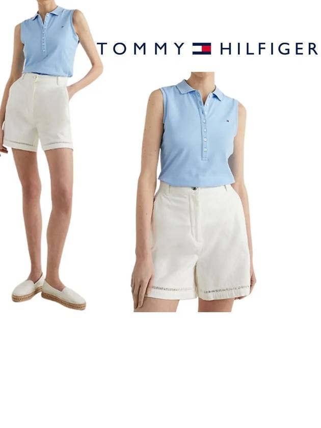 타미힐피거 여성 슬림핏 민소매 카라 탱크 탑 나시 티셔츠 스카이블루