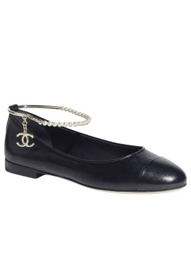 W 샤넬 발레리나 플랫 샤이니 램스킨 메탈 이미테이션 펄 & 블랙 W Chanel Ballerina Flat Shiny Lambskin Metal Imitation Pearls & Black