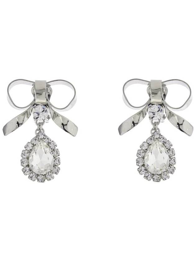 Bow Earrings With Crystal Pendant In Silver Plated Brass