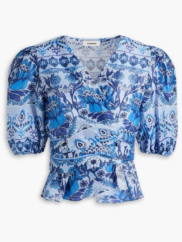 NB07 산드로 여성 블라우스 Printed linen blend gauze wrap blouse 1647597336653143