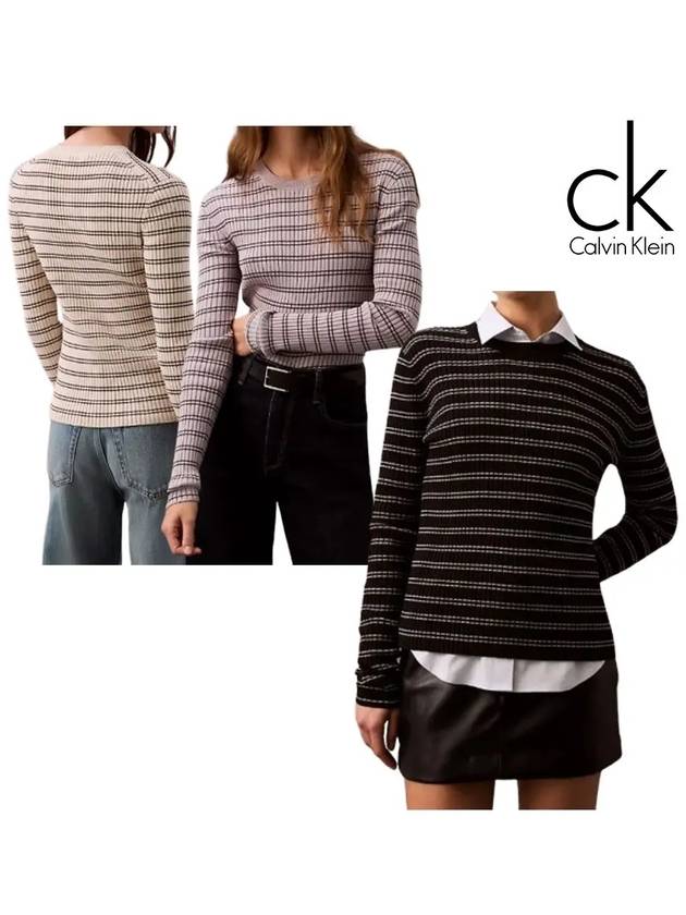 캘빈클라인 긴팔 여성 스웨터 스트라이프 탑 티셔츠 블랙 라이트그레이 아이보리