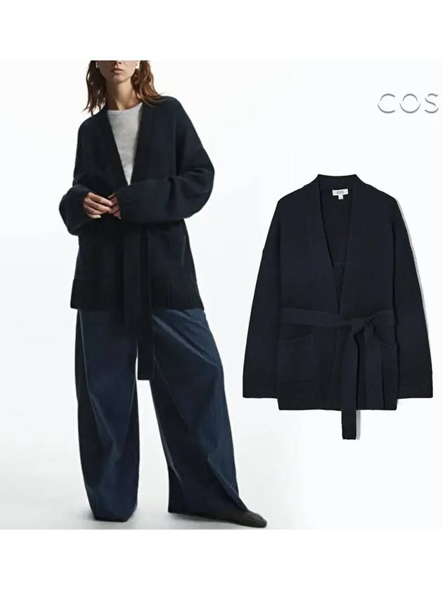 코스 벨트 디테일 캐시미어 믹스 탑 가디건 네이비